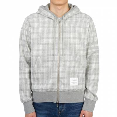 톰브라운(THOM BROWNE) 사선 스트라이프 마이크로 체크 자카드 남자 후드 집업 가디건 MJT307A 07993 055