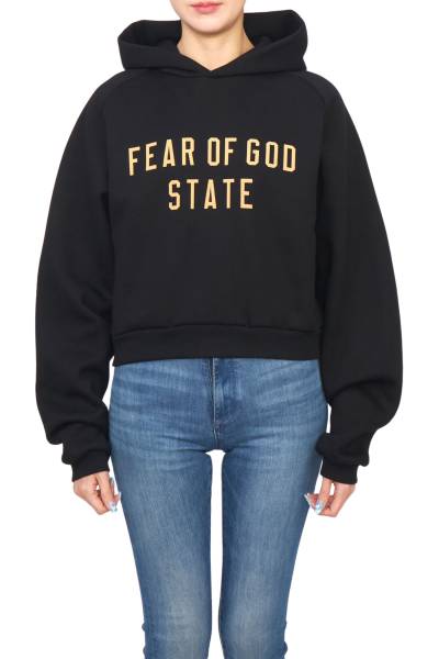 피어오브갓(FEAR OF GOD) 에센셜 여성 크롭 기모 후드티 192BT247350FW BLACK